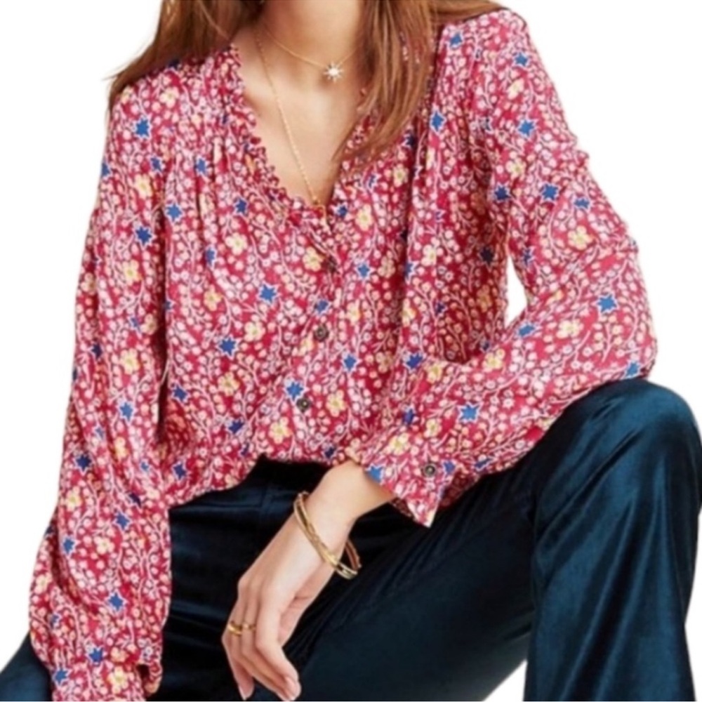 Anthropologie Pink Floral V-Neck Long Sleeve Blouse